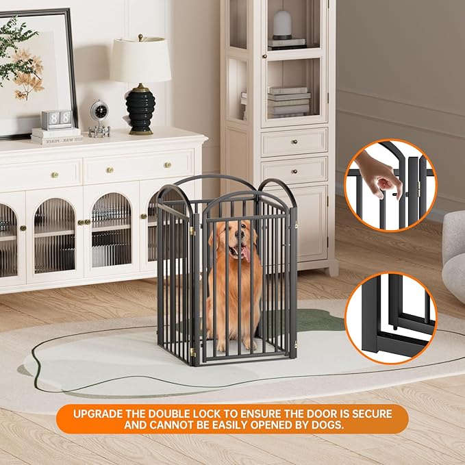4 Panles Full Matel Freestanding Dog Gates with Door, 96"Extra Wide 36"Tall Free Standing Dog Pet Gate for Indoor & Outdoor. Foldable Pet Fences for Doorways, House, Stairs, Porch, Deck, Yard
