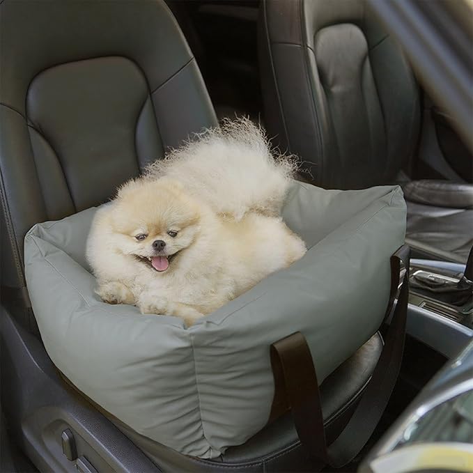 Dog Car Seat for Small Dogs, Large Leather Dog Car Bed with Storage Pocket, Waterproof PVC Leather Booster Seat Travel Bed for Front & Back Seat, Clip-On Safety Leash (Grey)