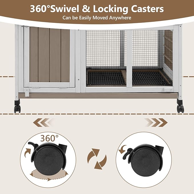 76''L Rabbit Hutch Outdoor Indoor with Wheels, Wooden 2 Story Bunny House Rabbit Cage with Run, Waterproof Roof, Pull Out Tray, Guinea Pig Cage Chicken Coop for Small to Medium Pets