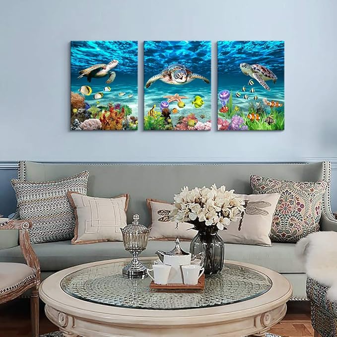 Canvas Wall Art for Living Room Large Size Wall decor for Bedroom Modern Bathroom Wall Decoration blue Ocean Wall Painting Sea Turtle Wall Pictures Ready to Hang Office Artwork 20" x 28" 3 Piece