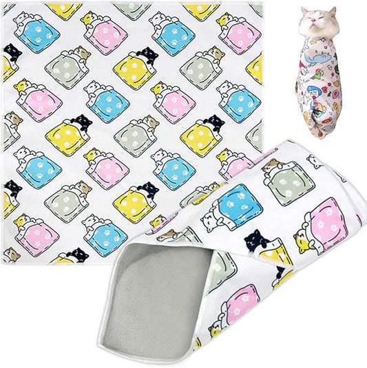 Cat Grooming Wrap, Cat Wrap Self-Adherent, Anti-Scratch Anti-Bite, Anti-Escape Grooming Bag for Cats Nail Clipping, Ear Cleaning, and Teeth Brushing (19.7 × 19.7" Cat Prints)