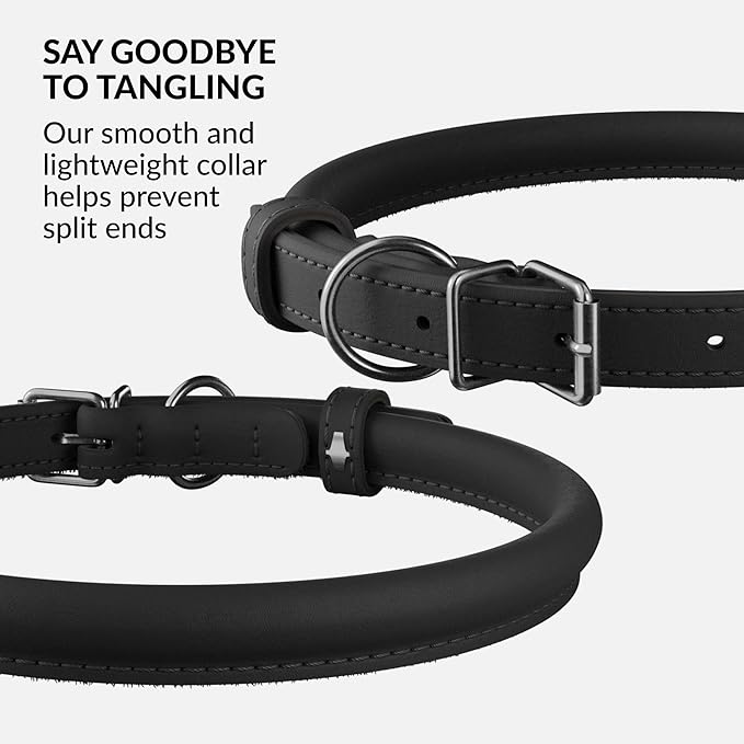 CollarDirect Rolled Leather Dog Collar, Soft Padded Round Puppy Collar, Handmade Genuine Leather Collar Dog Small Large Cat Collars 13 Colors (6 Inch, Black Smooth)