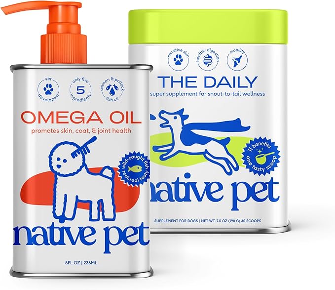 Native Pet Pack Leaders Bundle - Daily Dog Multivitamin (7 oz.) & Omega Oil for Dogs (8 oz.) - Omega 3 Fish Oil for Healthy Skin, Shiny Coat, & Strong Joints & Daily Multivitamin for Dogs
