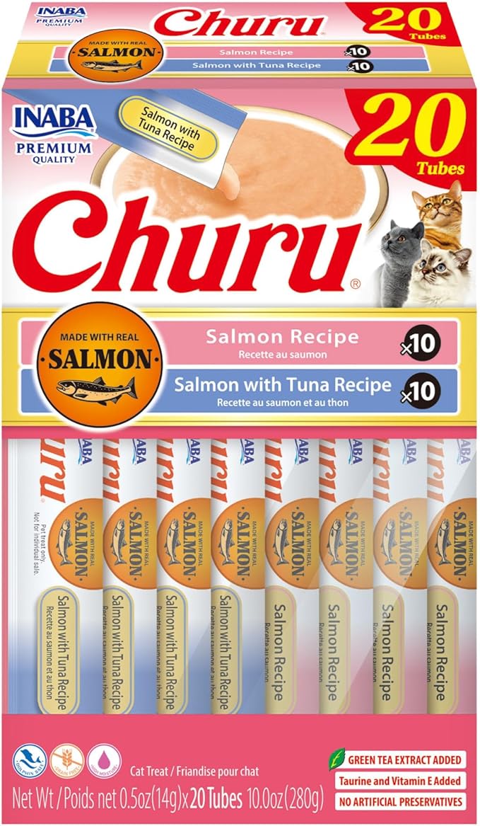 INABA Salmon Churu Cat Treats, Lickable, Squeezable Creamy Purée Cat Treat with Green Tea Extract & Taurine, 0.5 Ounces Each Tube, 20 Tubes, Salmon & Tuna Variety Box