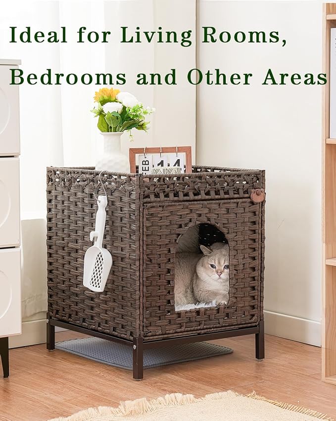 Cat Litter Box Enclosure Hidden Litter Box Furniture with Metal Heightened Feet, Rattan Handwoven Cat House with Litter Mat, Hidden Litter Box Furniture for Bedroom Living Room Brown