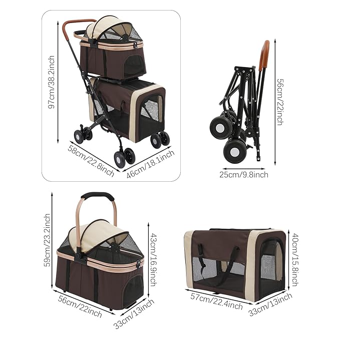 Double Pet Stroller for Dogs and Cats, Foldable Dog Stroller Travel Carriage with Detachable Carriers, Safety Belts, and 4 Lockable Wheels for Small to Medium Pets (Coffee Color)