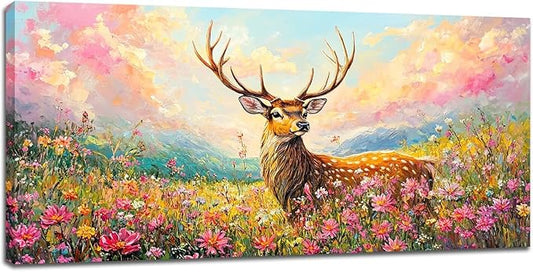 Deer Large Wall Art Wildflower Landscape Pictures Rustic Flowers Wall Decor Wild Animal Nature Canvas Print Painting Artwork for Bathroom Living Room Bedroom 30"x60"