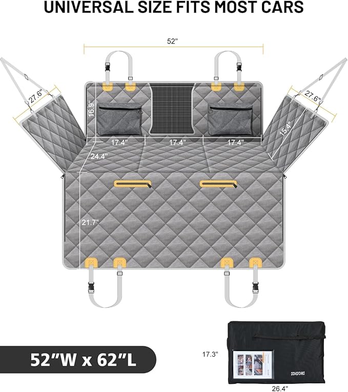 Back Seat Extender for Dog, Waterproof Dog Car Seat Cover for Back Seat, Hard Bottom Car Seat Cover, Large-Space Hammock for Car Truck SUV, Pet Seat Cover Holds 450lbs(Grey)