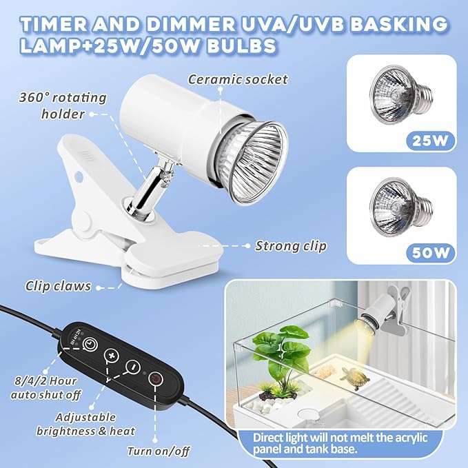 GOZILLA Large Turtle Tank Kit+Water Pump+Lamp, Acrylic Turtle Tank Starter Kit with Adjustable 5W Water Pump and Timing/Dimming Lamp, Multi-Functional Area for Small/Medium Turtles(Large-White Kit).