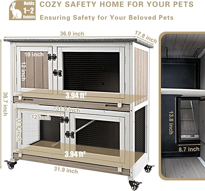 36" L Rabbit Hutch Indoor with 4 Metal Wheels, 2-Story Wooden Bunny Hutch Outdoor Bunny Cage, 2 Deeper Pull-Out Trays, Ramp, Rabbit Cage Guinea Pig Pet House for Small Animals