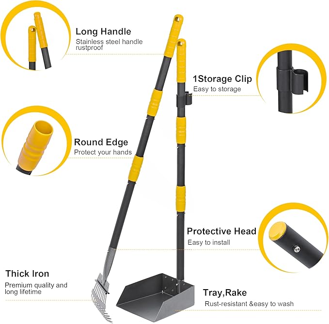 Niubya Pooper Scooper for Dogs, Metal Poop Scooper Tray and Rake Set with Adjustable Long Handle, Dog Pooper Scooper for Pet Waste Removal