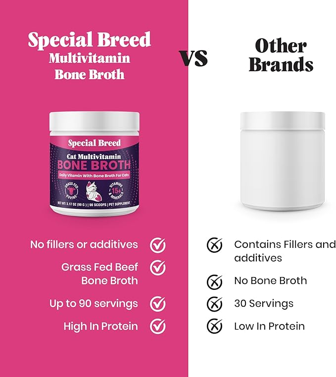 Cat Multivitamin with Grass-Fed Beef Bone Broth – Daily Supplement for Immune, Joint, Skin, Coat & Gut Health – Omega 3s, Lysine, Beta Glucan, Vitamins A-E, C, D – 90 Day Supply – No Fillers