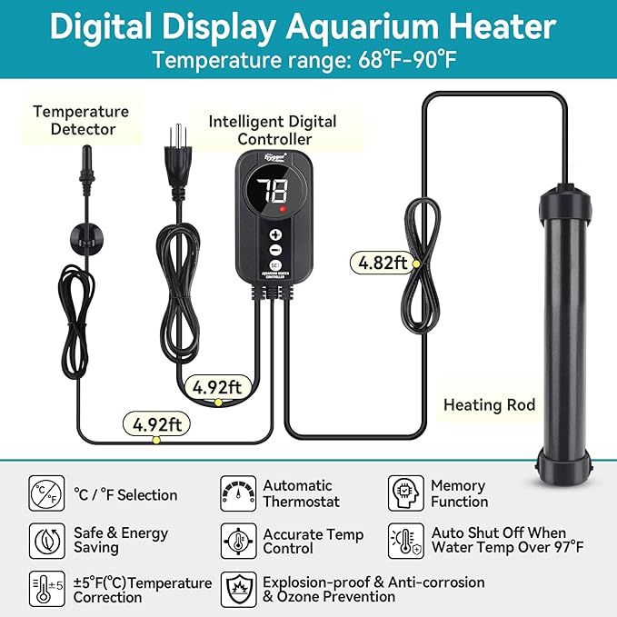 hygger Marine Aquarium Heater 100W,Titanium Heater with Digital LED Controller & Temperature Probe,Submersible Fish Tank Heater with Temperature Calibration,for Saltwater Freshwater Tank 15-20Gallon