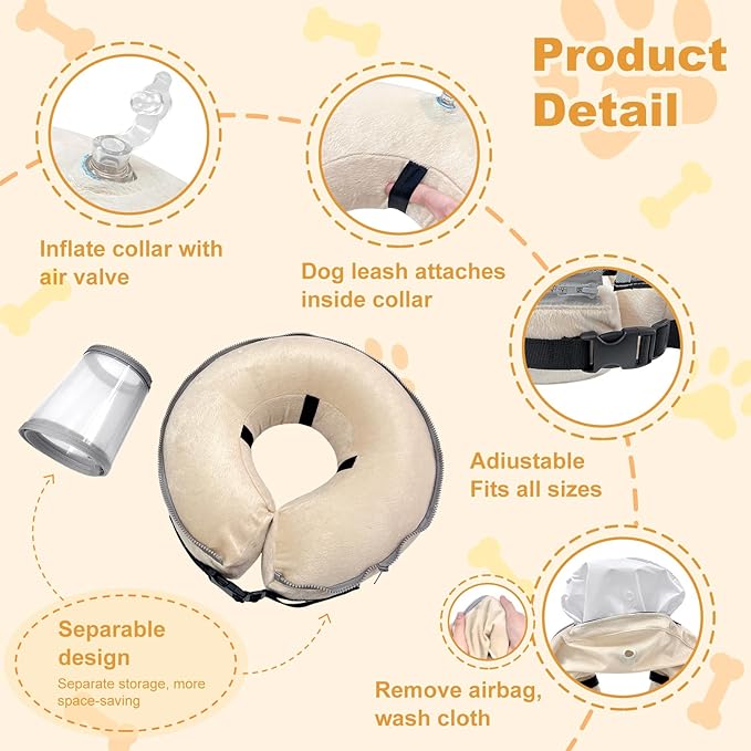Dog Cone Collar with Enhanced Anti-Licking, Inflatable Dog Cone After Surgery, Adjustable Size with Soft Padding for Small Medium Large Dogs - Pale Yellow/L