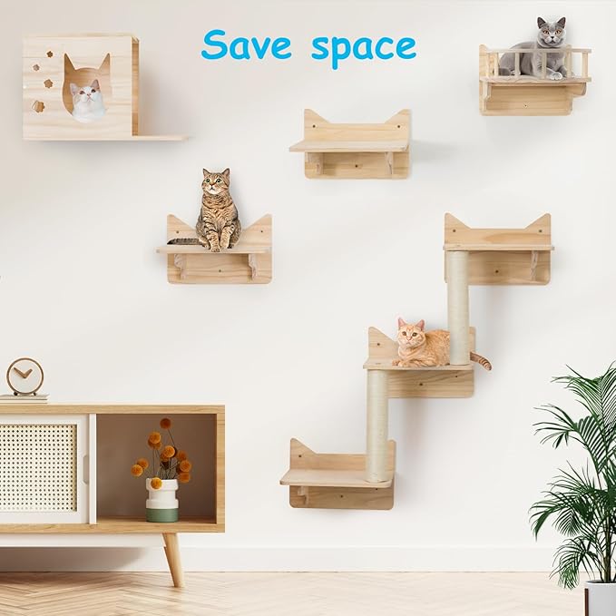 9-Piece Wall-Mounted Cat Shelves Set, House, Lookout Tower, 2 Sisal Scratching Posts, 5-Step Cat Wall Ladder, Pine Furniture, Extra-Wide & Long for Large Cats, Space-Saving Indoor Shelves