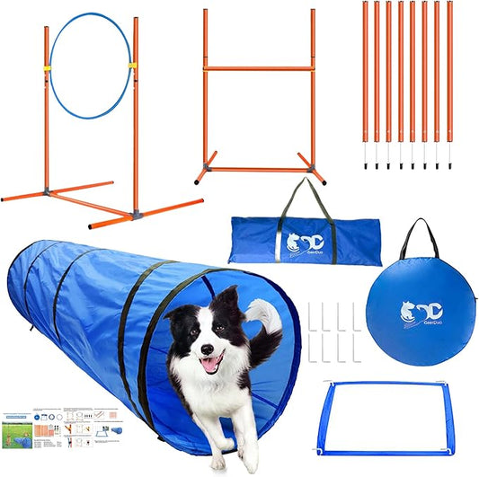 Dog Agility Training Equipment, Obstacle Agility Training Starter Kit for Doggie, Including Tunnel, 27 Weave Poles, Adjustable Hurdle, Jump Ring, Pause Box and Carrying Bag(Blue,L)