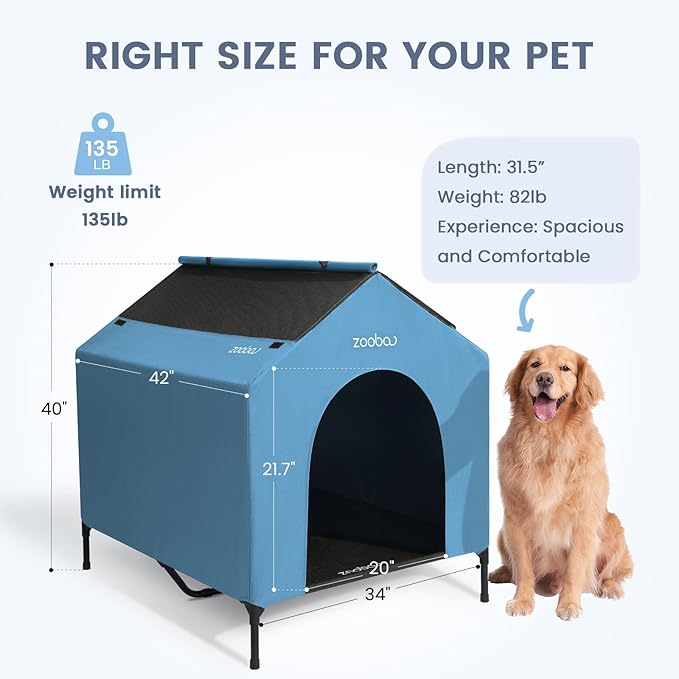 42" 2-in-1 Dog House for Medium Dogs, Elevted Dog House Outdoor/Indoor, Puppy Shelter Outside,Water Resistant 600D PVC and Durable 2x1 Textilene Raised Dog Bed(Blue)