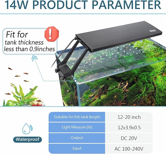 hygger Clip On 24/7 Lighting Aquarium LED Light,Sunrise-Daylight-Moonlight and DIY Mode, Adjustable Timer/Brightness Fish Tank Light with 7 Colors for Planted Tank (14W for 12~20in Tank)