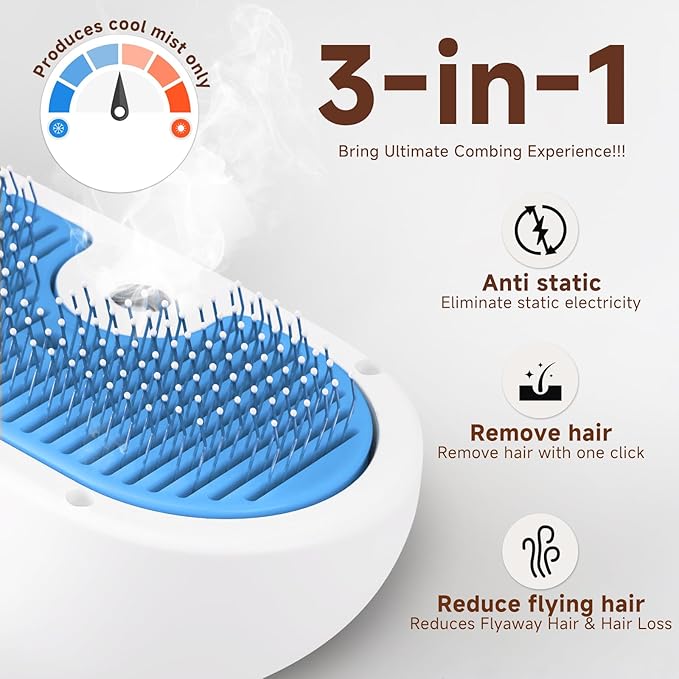 Pet Steam Brush for Dog & Cat - 3-in-1 Steam Grooming Brush for Shedding & Hair Removal - Self Cleaning Spray Comb with Mist for Long Haired Pets - Includes 1*Waterless Shampoo, Blue
