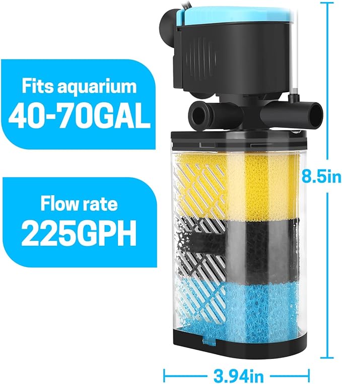 AquaMiracle Aquarium Filter 3-Stage in-Tank Filter Internal Fish Tank Filter Turtle Filter for 40-70 Gallon Fish Tanks with Dual Water Outlet & Aeration
