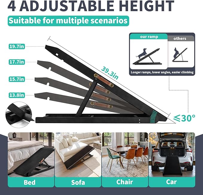 Dog Ramp for Bed, Adjustable Pet Ramps for Dog to Get on Bed, Non-Slip Rubber Surface - Folding Wooden Dog Ramp for Small/Large/Old Dogs, Adjustable up to 19.5 inch High Beds