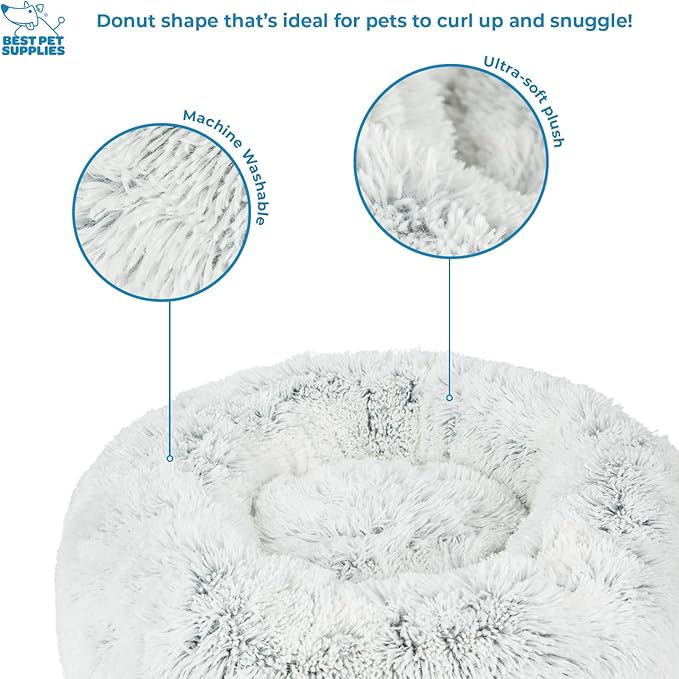 Best Pet Supplies Round Donut Dog Bed with Plush Faux Fur Fabric, Calming, Anti-Anxiety Cushion for Indoor Pets, Slip-Resistant Base, Soft Ergonomic Support - Light Warm Gray, 24x24x7''