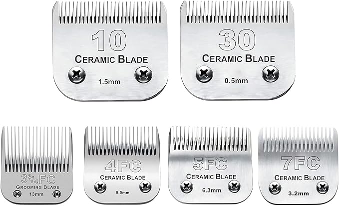 6Pack 10Blades Dog Grooming Replacement Blades Compatible with Andis Pet Clipper/Oster A5/Wahl KM Series Dog Clipper,Ceramic Blade & Stainless Steel Blade (#10+30+5FC+7FC+3FC+4F)