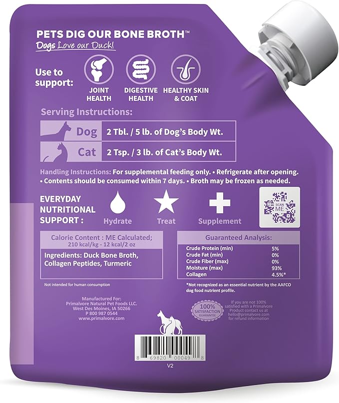 Primalvore All-Natural Duck Bone Broth for Dogs &Cats, Mobility Formula w/Collagen Peptides Supports Hip & Joints, Digestion, Skin&Coat and Hydration, Grain Free, Human Grade, Made in USA. Duck 2 Pack