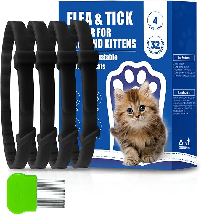 4 Pack Flea and Tick Collar for Cats, Natural Plant Oil Formula Cat Flea Collar Provides 32-Month Protection for Flea Tick Prevention, Waterproof & Adjustable Cat Flea Treatment for Most Cats