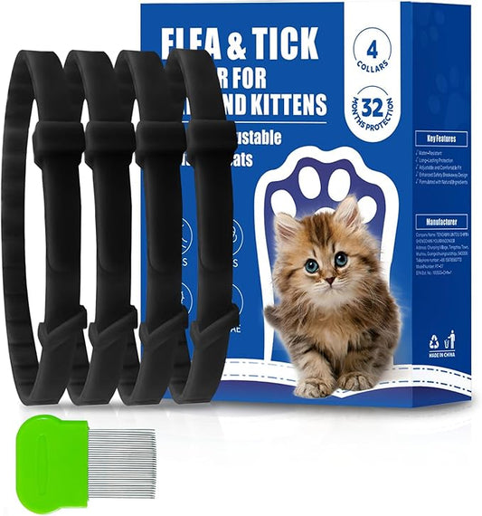 4 Pack Flea and Tick Collar for Cats, Natural Plant Oil Formula Cat Flea Collar Provides 32-Month Protection for Flea Tick Prevention, Waterproof & Adjustable Cat Flea Treatment for Most Cats