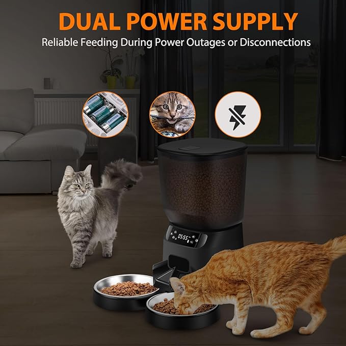 Automatic Cat Feeders for Two Cats, 5L/20 Cups Double Automatic Cat Food Dispenser with 2 Stainless Bowls, Timer Setting 20 Portions 6 Meals Per Day, 10s Meal Call, Pet Feeder for Dog (Black)