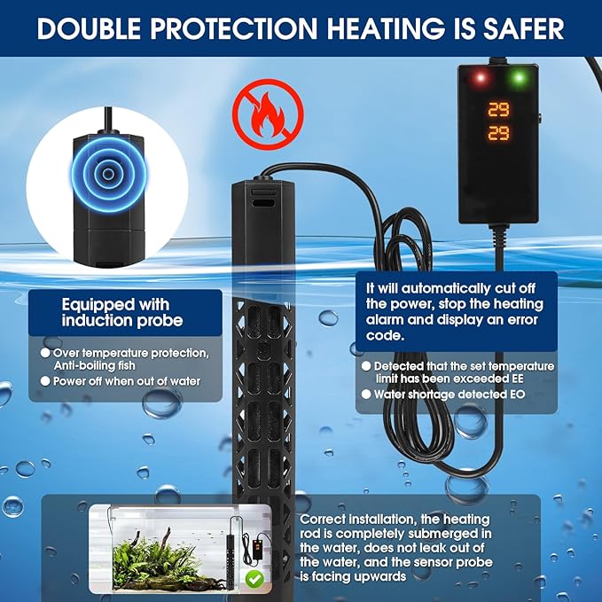 500w Aquarium Heater, Submersible Fish Tank Heater,Intelligent Frequency Conversion with Over-Temperature Protection and Automatic Power-Off When Leaving Water for