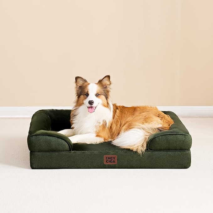 EHEYCIGA Orthopedic Dog Beds for Large Dogs, Waterproof Memory Foam Large Dog Bed with Sides, Non-Slip Bottom and Egg-Crate Foam Pet Couch Bed with Washable Removable Cover, Dark Green