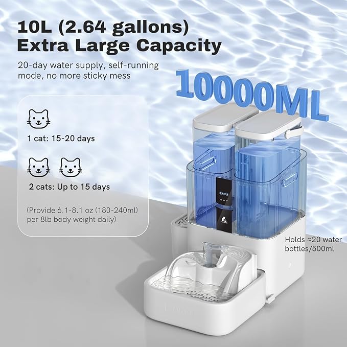 DailyFresh Cat Water Fountain 10L/338 oz Self Refilling, Pet Drinking Fountains for Dogs Indoor, Smart APP 5G WiFi Automatic Water Dispenser Oxygen-Rich, Wastewater Separation, BPA-Free