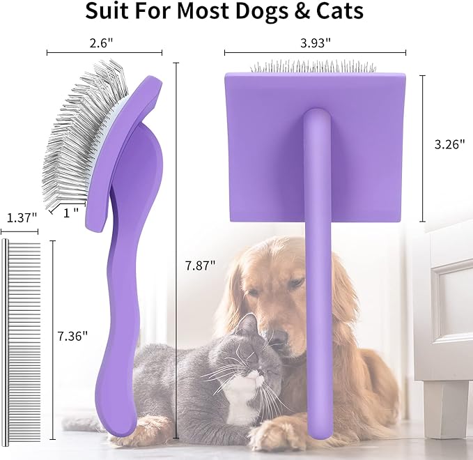 Slicker Brush for Dogs, Long Pin Dog Grooming Brush for Goldendoodles, Poodles, Doodles & More, Includes Bonus Pet Comb, Perfect for De-Shedding, Dematting & Reducing Tangles. Large, Purple