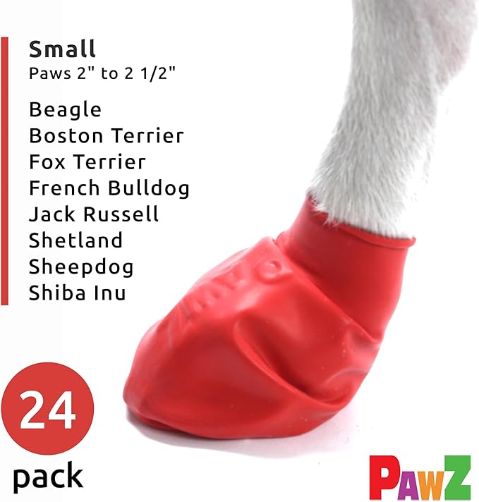 PawZ Rubber Dog Boots for Paws up to 2 1/2", 24 Total (2 Packs of 12) - All-Weather Dog Booties for Hot Pavement, Snow, Mud, and Rain - Waterproof, Anti Slip Dog Socks - Small, Red