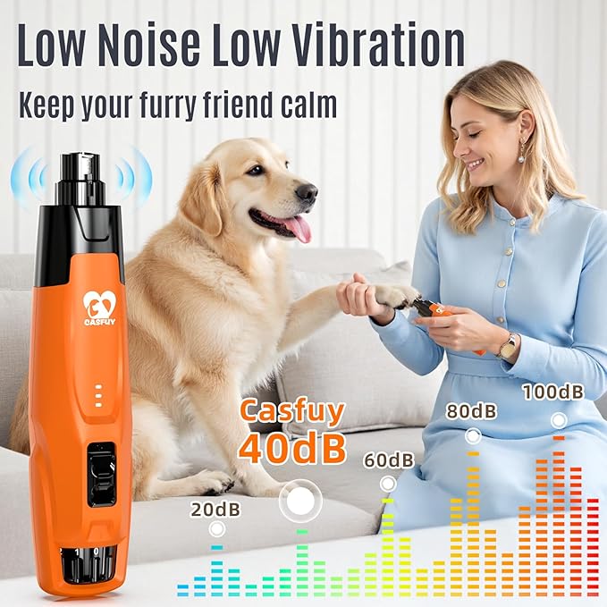 Casfuy New 6-Speed Dog Nail Grinder - 50% More Power Dog Nail Trimmers with 2 LED Lights Quiet 7h Running Time Electric Pet Nail Grinder File Toenail Grinder for Large Medium Small Dogs & Cats (OR)