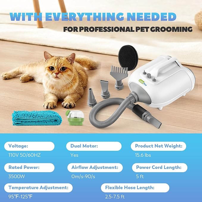 Dog Dryer for Pet Grooming Professional, 6HP/3500W High Velocity Blow Dryer for Dogs, Dual Motor Pet Dryer, Adjustable Temperature 95-125℉ & Airflow 0-90 M/S, 2.5-7.5 FT Hose with 4 Nozzles