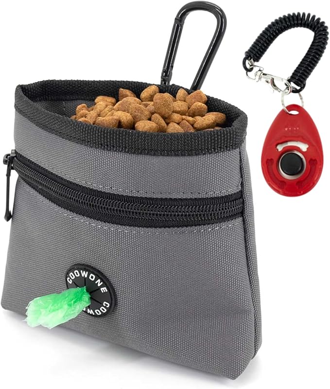 COOWONE Dog Treat Pouch with Pet Training Clicker, Detachable Dog Puppy Training Treat Bag, 900D Oxford Cloth Magnetic Closure Small Dog Poop Bag Holder for Travel or Outdoor Use