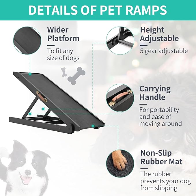 Dog Ramp, Adjustable Height Wooden Folding Pet Ramp for Bed, Couch,SUV-High Traction, Portable Paw Ramps for Small & Large Old Dogs & Cats - Furniture Quality
