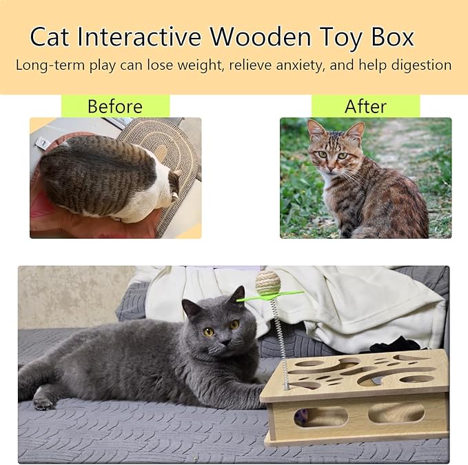 Interactive Wooden Cat Puzzle Toy Box Indoor Hunting Play Toy to Stimulate Your Cat’s Energy and Instincts (Blue)