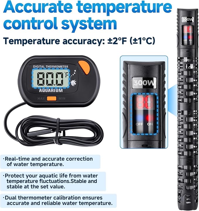 Aquarium Heater Submersible Fish Tank 50W& Turtle Tank Heater with External Adjustment Controller, Included Thermometer, LED Display, Overheat Protection, Detachable Cover, for Saltwater&Freshwater