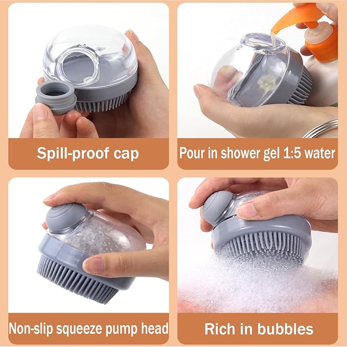 Dog Bath Scrubber Brush, 2 PCS Pet Dog Grooming Massage Shampoo Bath Brush with Soap and Shampoo Dispenser Soft Silicone Bristle for Long Short Haired Dogs Cats Shower