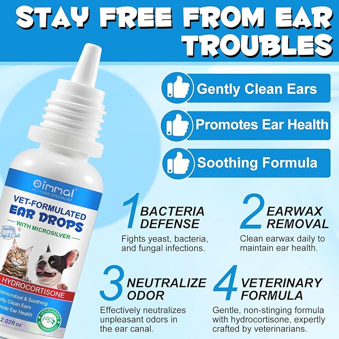 Dog & Cat Ear Infection Treatment Drops, Pets Ear Cleaning Drops with 1% Hydrocortisone for Dog & Cats Yeast Infection, Itchy Ear Relief, Pet Ear Care Supplies for Dogs & Cats -2fl oz