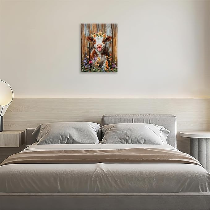 Funny Cow Bathroom Pictures Wall Art, Rustic Brown Cute Cow Bathroom Wall Decor, Farmhouse Floral Framed Painting Animal Flower Canvas Artwork for Bedroom Living Room Decorations 16"L x 12"W