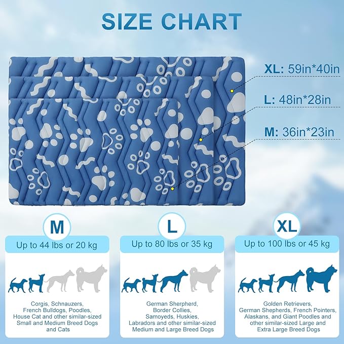 BEAUTYZOO Dog Cooling Mat- Upgraded Thicken Cooling Mat for Large Dogs Reversible(Cool & Warm) Pet Ice Cool Bed Washable & Portable, Summer Crate Pad for Big Dog Puppy Up to 44 lbs, Paw Blue 36X23IN