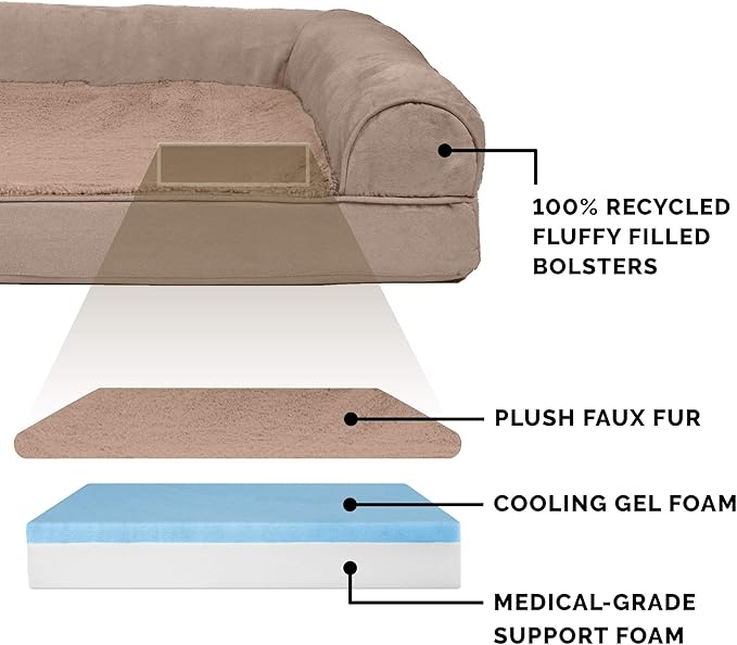Furhaven Cooling Gel Dog Bed for Large Dogs w/ Removable Bolsters & Washable Cover, For Dogs Up to 95 lbs - Plush & Suede Sofa - Almondine, Jumbo/XL
