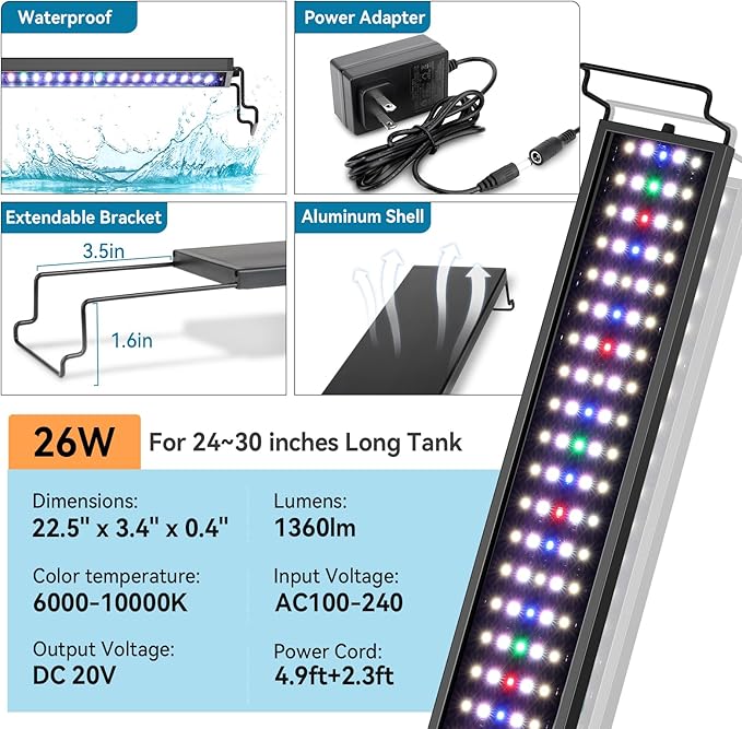 hygger Aquarium LED Light Fish Tank Full Spectrum Lighting with 24/7 Day-Night Cycle Mode & Auto On/Off Timer, 7 Colors Options, Dimmable, Extendable Bracket for 24~30in Freshwater Tank