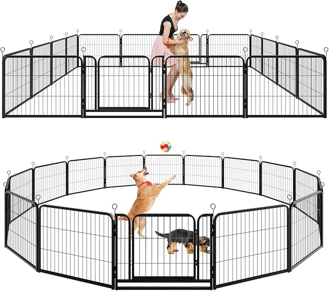 Dog Playpen Outdoor Extra Wide 16 Piece Panels Heavy Duty Dog Fence 24" Height Anti-Rust with Doors Portable for RV Camping Yard, Total 29FT, 68 Sq.ft, Snowy Black