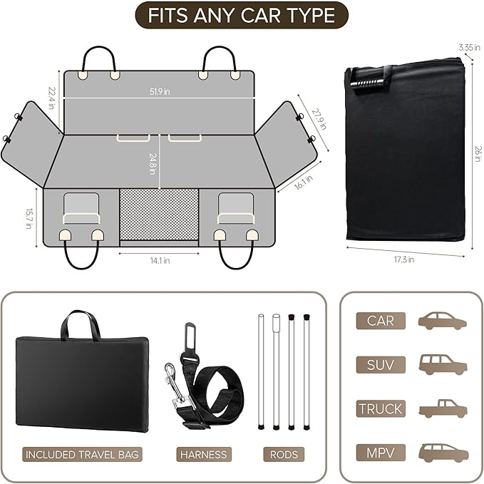 Back Seat Extender for Dogs, PVC Rods Support and Hard Bottom Car Seat Cover for Dogs, Heavy Duty Dog Car Seat Cover for Back Seat, Dog Hammock for Car, Waterproof Pet Bed For Car, SUV, Truck